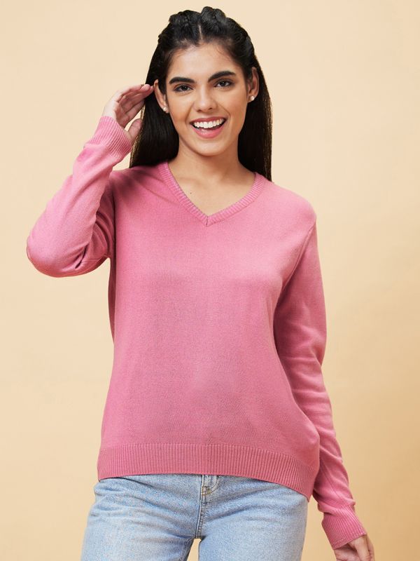 Globus Women Pink Solid V-Neck Casual Top