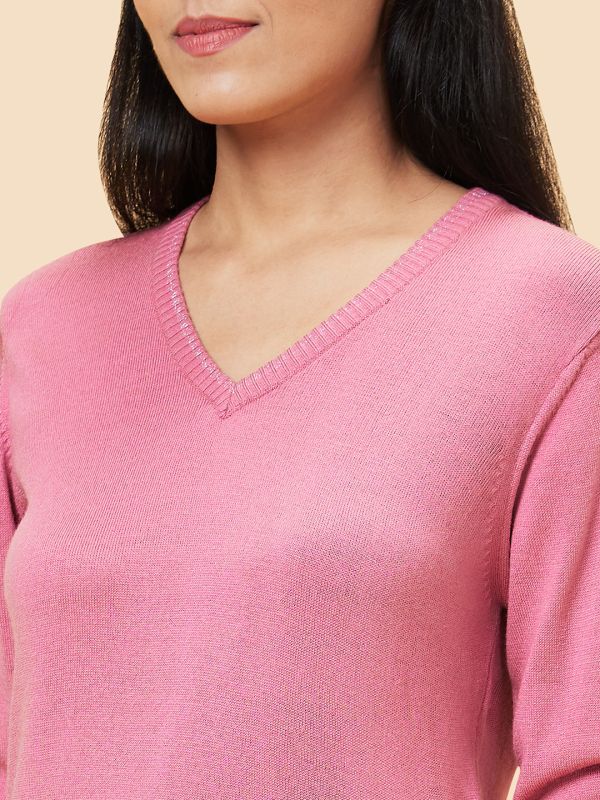 Globus Women Pink Solid V-Neck Casual Top