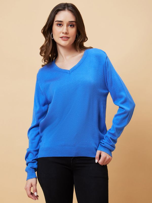 Globus Women Blue Solid Flat Knit V-Neck Sweater Top