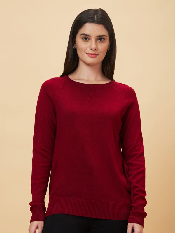 Globus Women Red Reglan Sleeve With Ribbed Hem Acrylic Sweater