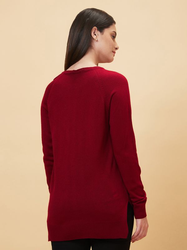 Globus Women Red Reglan Sleeve With Ribbed Hem Acrylic Sweater