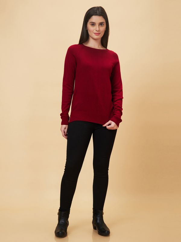 Globus Women Red Reglan Sleeve With Ribbed Hem Acrylic Sweater