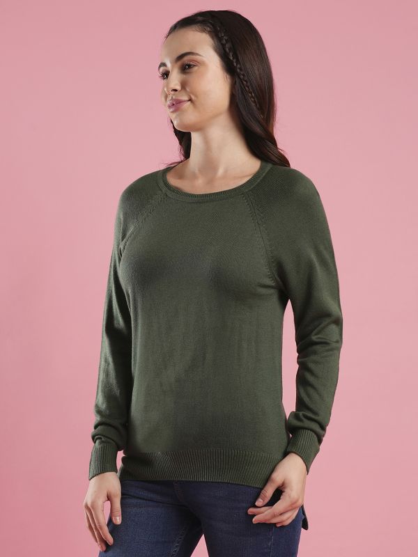 Globus Women Green Round Neck Raglan Sleeves Ribbed High Low Hem Flat Knitted Pullover