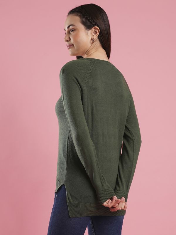 Globus Women Green Round Neck Raglan Sleeves Ribbed High Low Hem Flat Knitted Pullover