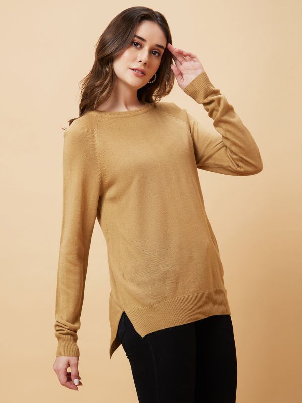 Globus Women Coffee Brown Solid Raglan Sleeves Pullover Top