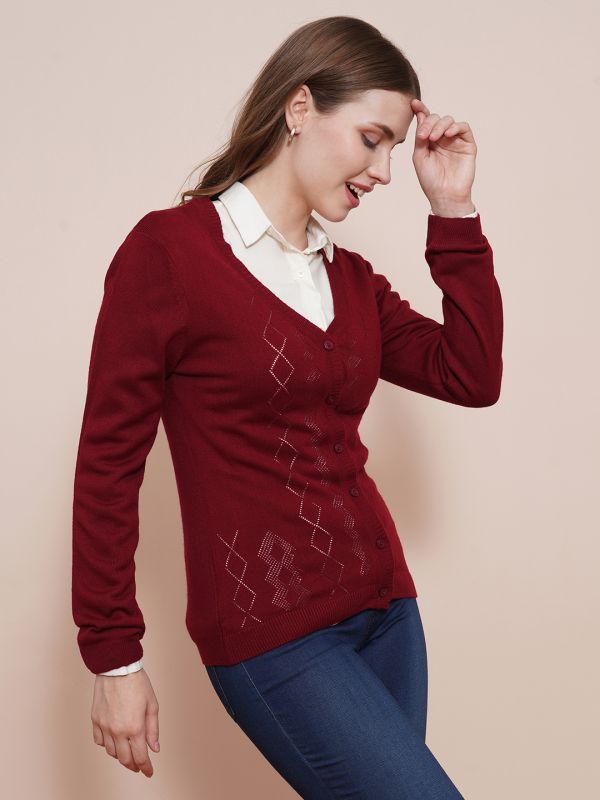 Globus Women Maroon V-Neck Full Sleeves Self Design Ribbed Hem Cardigan Sweater