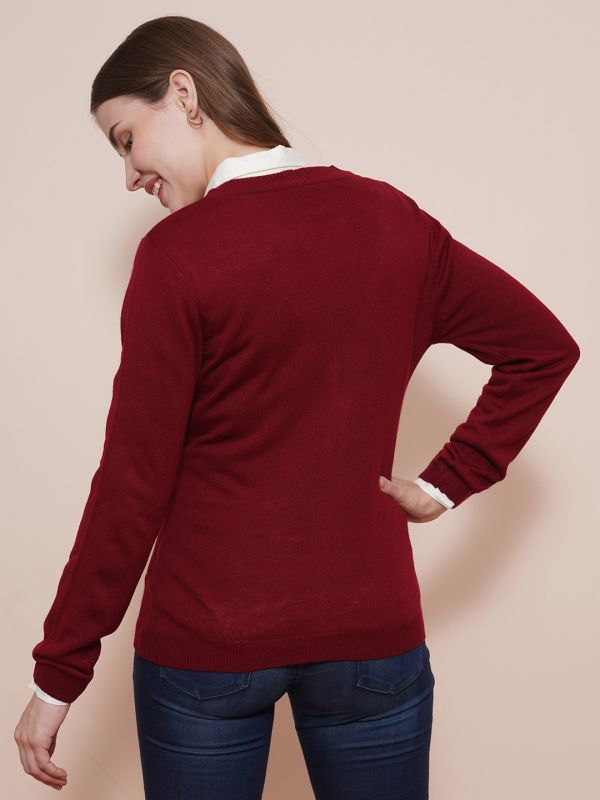 Globus Women Maroon V-Neck Full Sleeves Self Design Ribbed Hem Cardigan Sweater