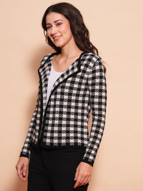 Globus Women Black & White Chequered Lapel Collar Full Sleeves Cardigan Sweater 