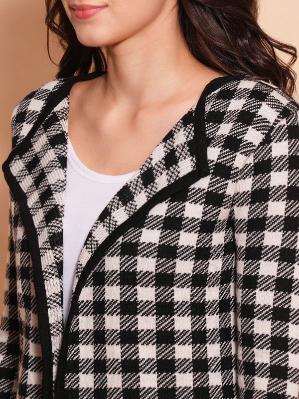 Globus Women Black & White Chequered Lapel Collar Full Sleeves Cardigan Sweater 