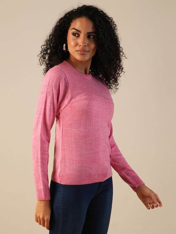 Globus Women Pink Round Neck Long Sleeves Self Design Knitted Ribbed Hem Pullover Sweater