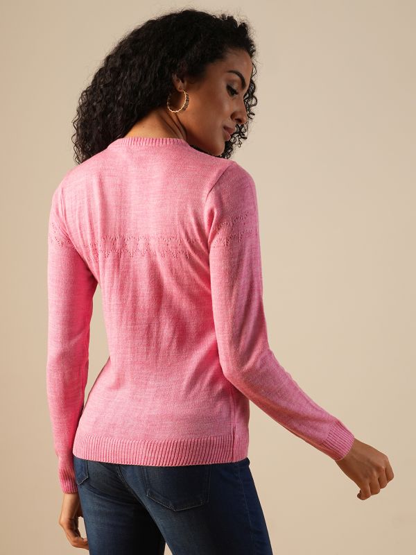 Globus Women Pink Round Neck Long Sleeves Self Design Knitted Ribbed Hem Pullover Sweater