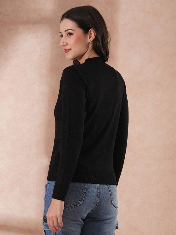 Globus Women Black Solid Embeliished Round Neck Long Sleeves Pullover Sweater