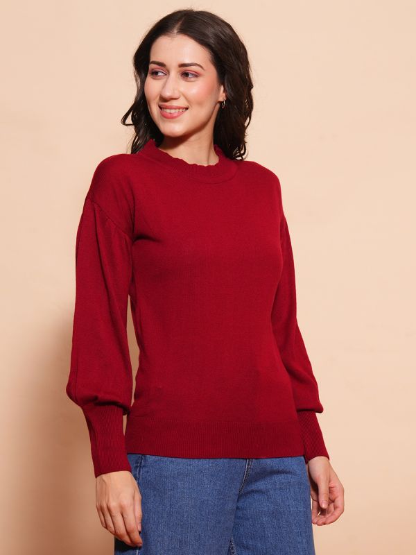 Globus Women Maroon Cotton Bishop Sleeves Ribbed Hem Flat Knitted Pullover Sweater 