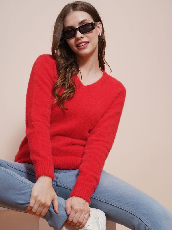 Globus Women Red V-Neck Full Sleeves Faux Fur Knitted Ribbed Hem Pullover Sweater