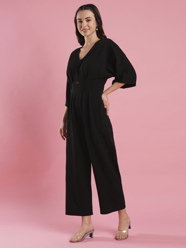 Globus Women Black V-Neck Batwing Sleeves Cut-out detail Long Jumpsuit