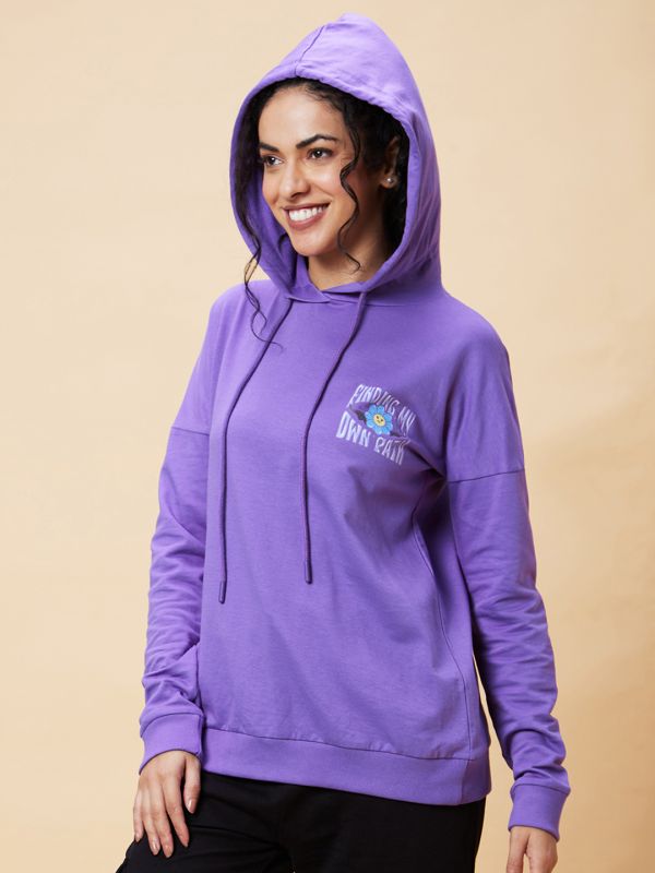 Globus Women Lavender Graphic Hooded Casual Boxy Fit Pullover Sweatshirt