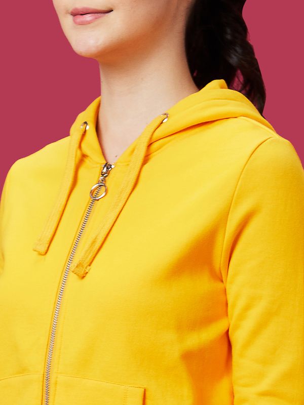 Globus Women Yellow Solid Casual Zip Front Hooded Drop Shoulder Sweatshirt