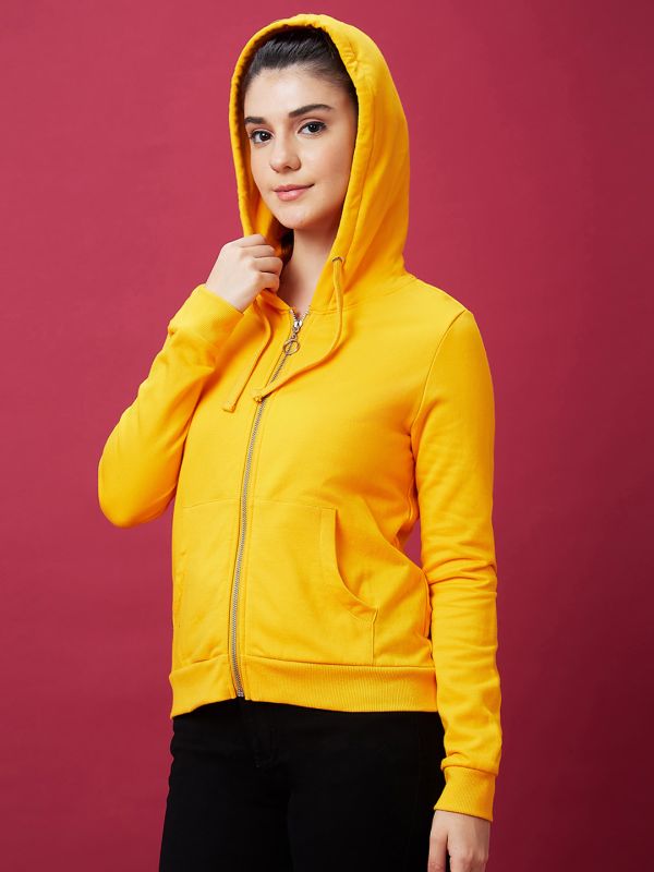 Globus Women Yellow Solid Casual Zip Front Hooded Drop Shoulder Sweatshirt