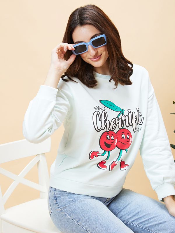 Globus Women Mint Green Graphic Print Round Neck Pullover Sweatshirt