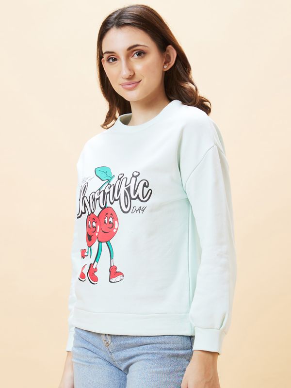 Globus Women Mint Green Graphic Print Round Neck Pullover Sweatshirt