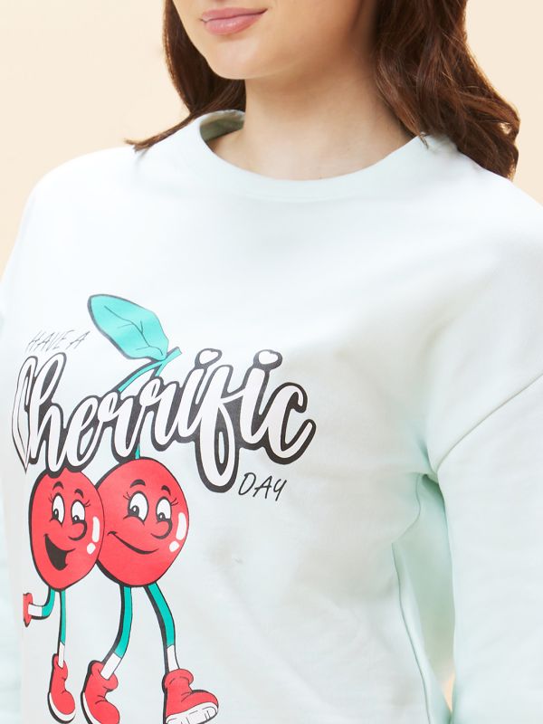 Globus Women Mint Green Graphic Print Round Neck Pullover Sweatshirt