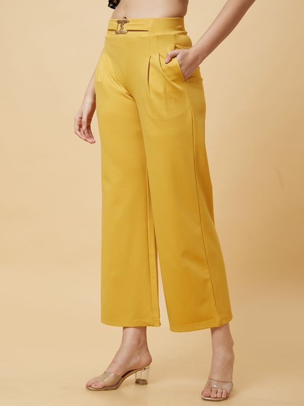 Globus Women Mustard Solid High-Rise Loose Fit Pleated Slip-On Trouser