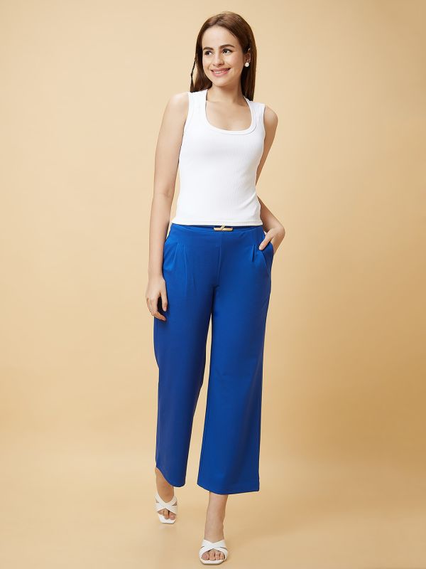 Globus Women Blue Solid High-Rise Loose Fit Pleated Slip-On Trouser