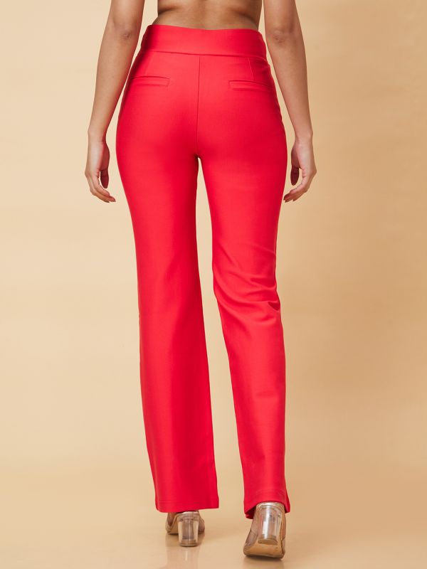 Globus Women Red Solid High-Rise Straight Fit Casual Trouser