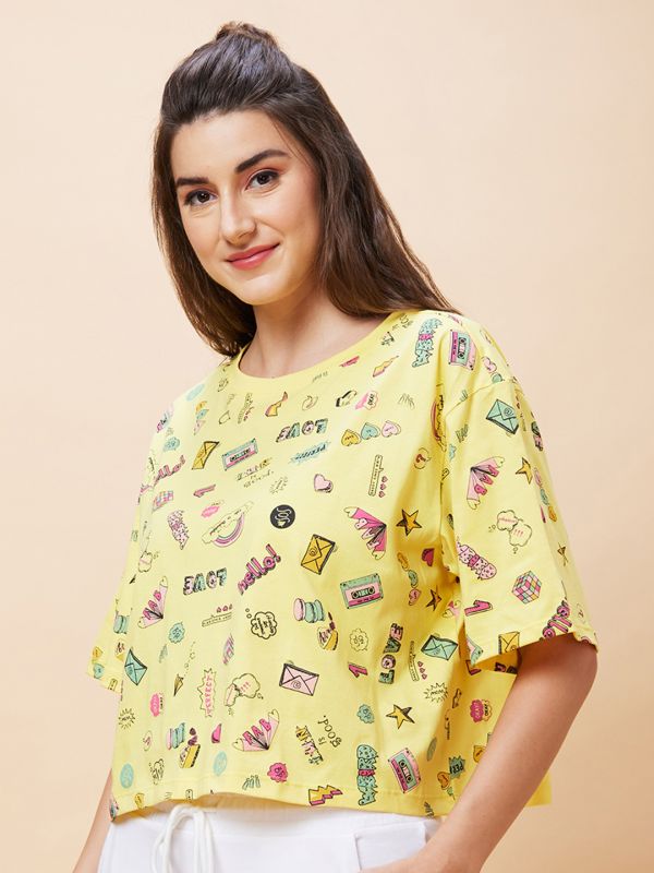 Globus Women Yellow Conversational Print Round Neck Casual Boxy Fit Crop T-Shirt