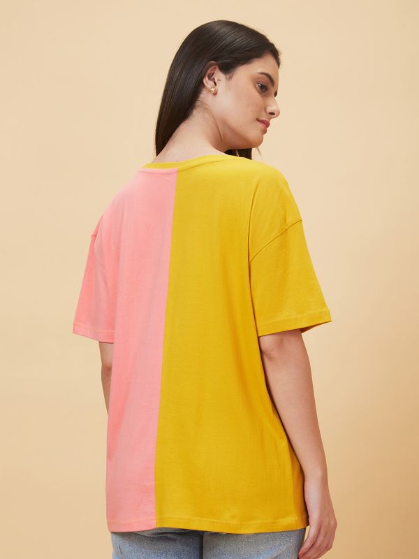 Globus Women Mustard Colourblocked Round Neck Casual Boxy Fit T-shirt