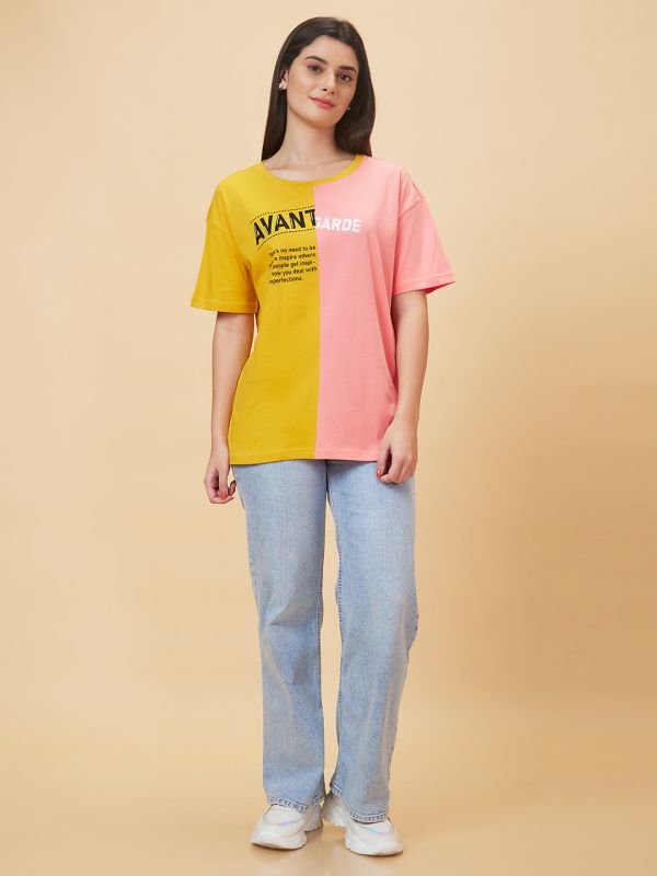 Globus Women Mustard Colourblocked Round Neck Casual Boxy Fit T-shirt