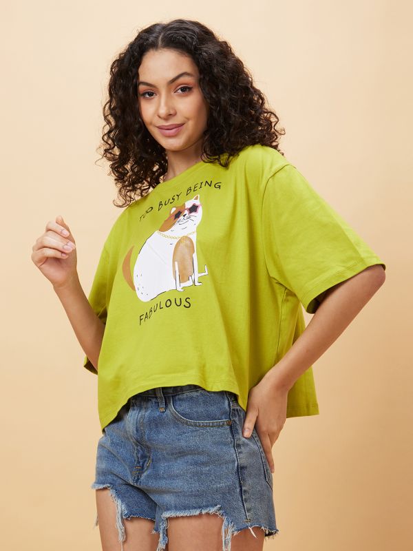 Globus Women Green Drop Shoulder Graphic Printed Oversized Trendy Crop T-Shirt