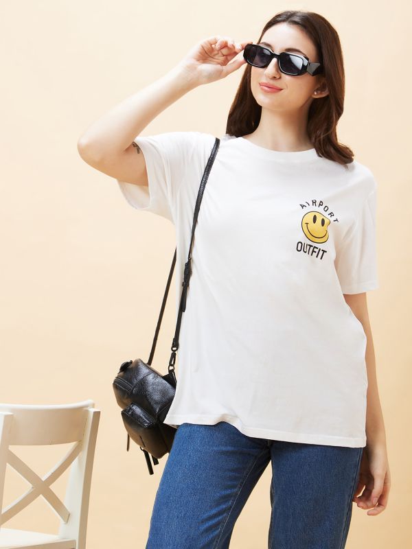 Globus Women Ivory Typography Print Round Neck Oversized Casual T-Shirt