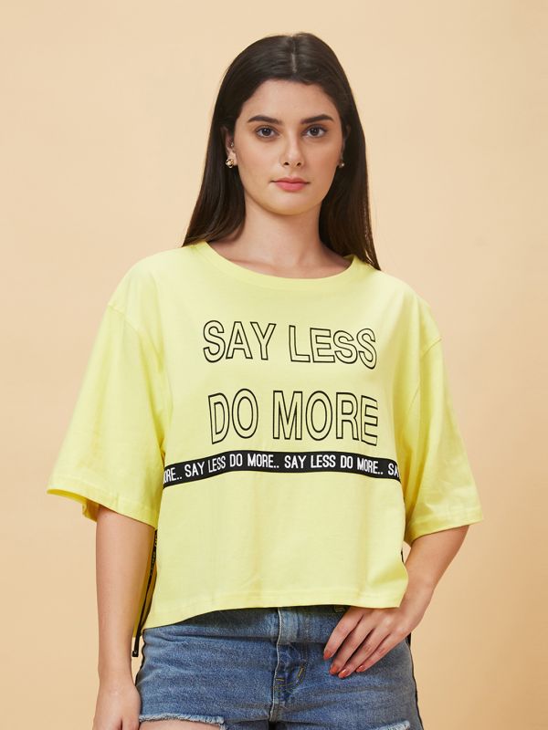 Globus Women Yellow Printed Round Neck Casual Boxy Fit T-shirt