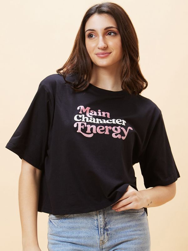 Globus Women Black Typography Print Round Neck Boxy Fit Casual Crop T-Shirt