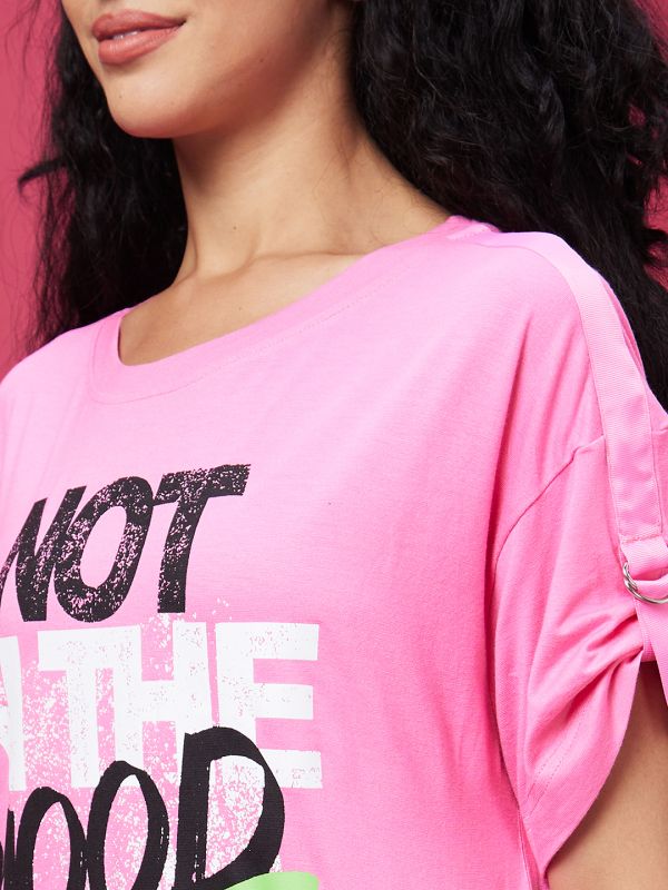 Globus Women Pink Boxy Fit Typography Print Cotton T-Shirt