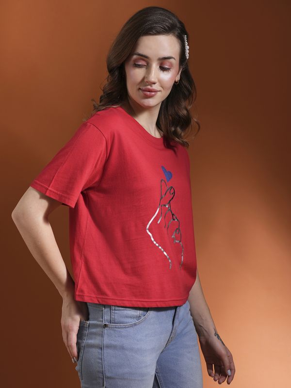 Globus Women Red Drop Shoulder Korean Graphic Printed Oversized Trendy Crop T-Shirt