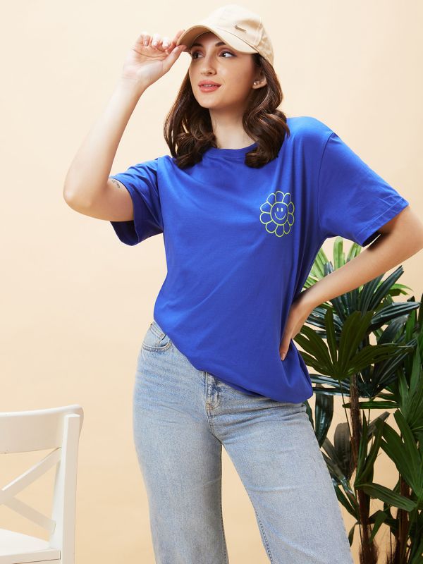 Globus Women Blue Typography Back Print Round Neck Oversized Casual T-Shirt