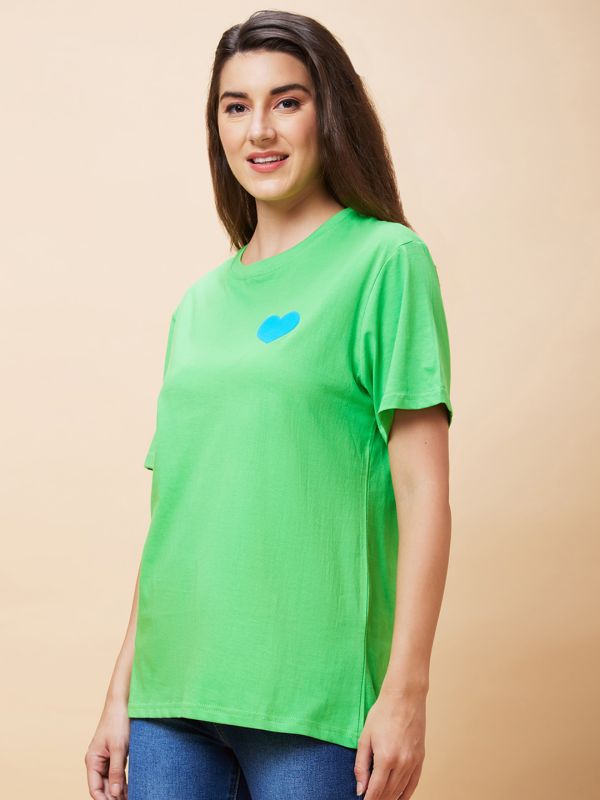 Globus Women Green Back Typography Print Round Neck Casual Oversized T-Shirt