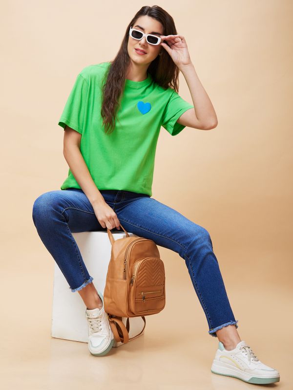 Globus Women Green Back Typography Print Round Neck Casual Oversized T-Shirt