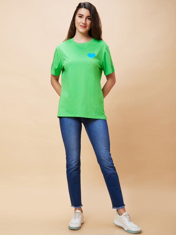 Globus Women Green Back Typography Print Round Neck Casual Oversized T-Shirt