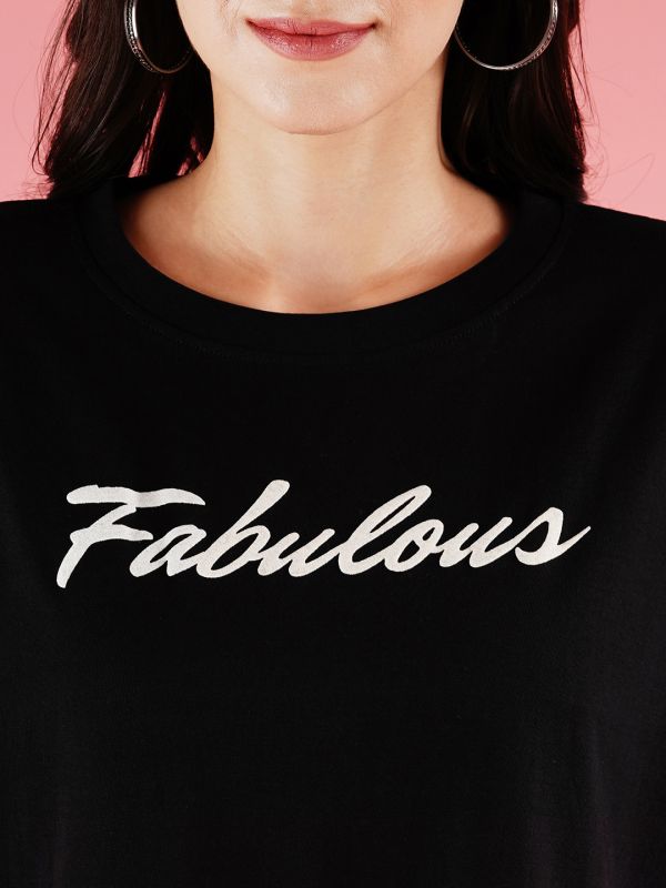 Globus Women Black Studded & Typography Printed Drop Shoulder Boxy T-Shirt