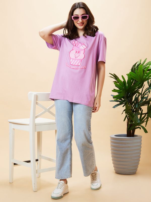 Globus Women Lilac Conversational Print Round Neck Oversized Casual T-Shirt