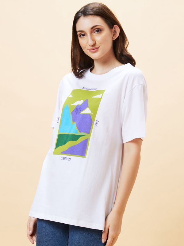 Globus Women White Graphic Print Round Neck Oversized Casual T-Shirt