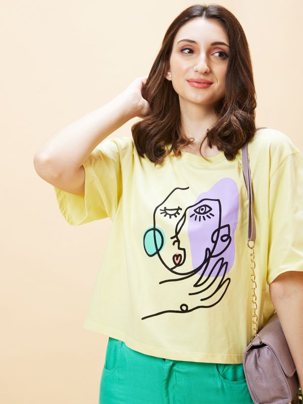 Globus Women Yellow Graphic Print Round Neck Boxy Fit Casual Crop T-Shirt