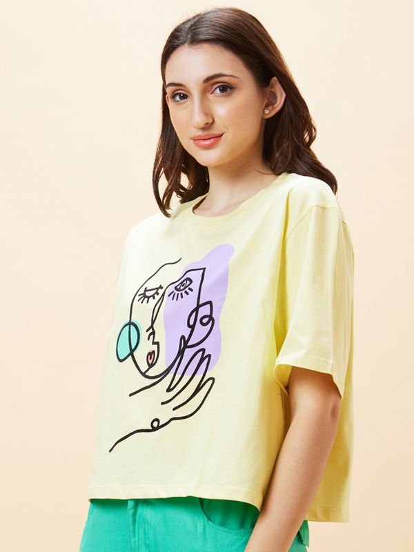 Globus Women Yellow Graphic Print Round Neck Boxy Fit Casual Crop T-Shirt