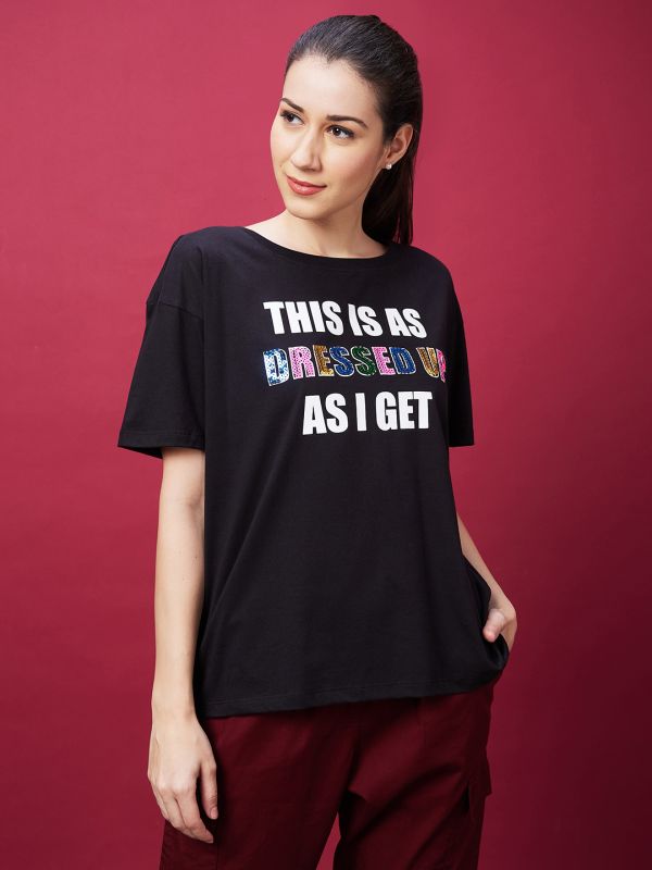 Globus Women Black Typography Printed Drop-Shoulder Sleeves Boxy Tshirt