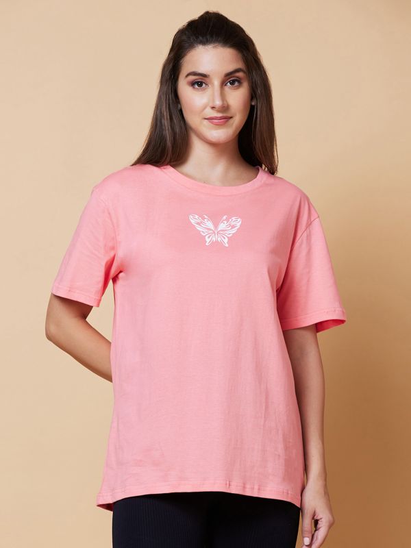 Globus Women Peach Typography Print Boxy Fit Cotton Casual T-Shirt