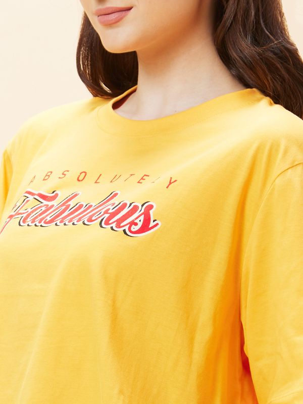 Globus Women Yellow Typography Print Round Neck Boxy Fit Casual Crop T-Shirt