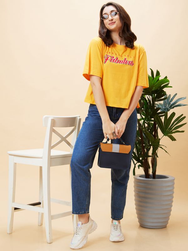 Globus Women Yellow Typography Print Round Neck Boxy Fit Casual Crop T-Shirt